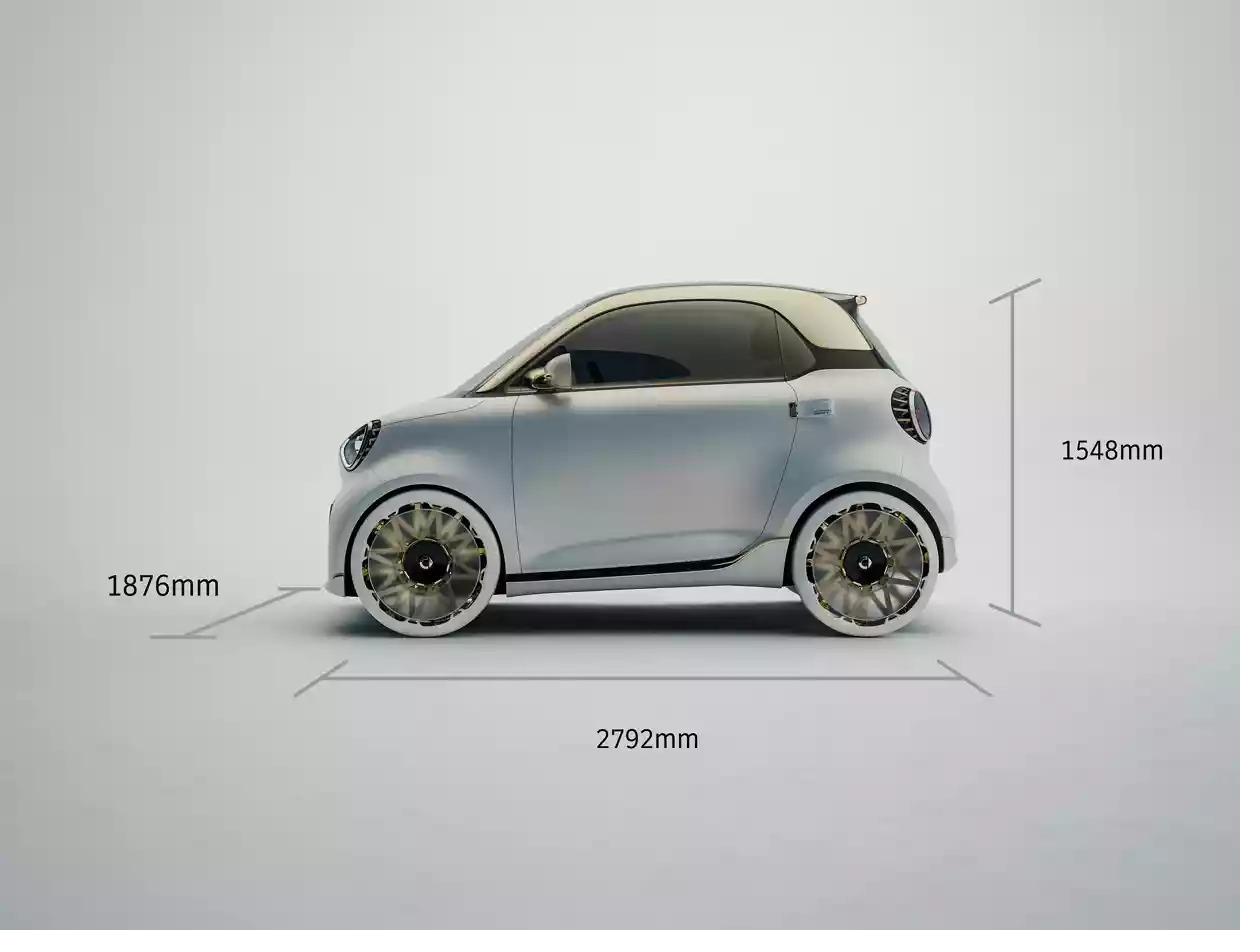Profil de la smart Concept #2 avec ses cotes : 2792 mm de long, 1876 mm de large, 1548 mm de haut